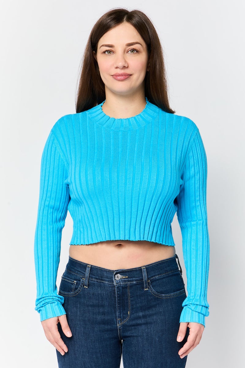 MONKI Women Mock Neck Long Sleeve Ribbed Top, Turquoise - Image 1